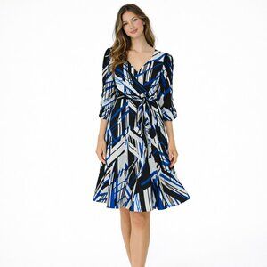 NWT Karl Lagerfeld Paris Graphic Print Tie Waist Workwear Dress Blue Size 14